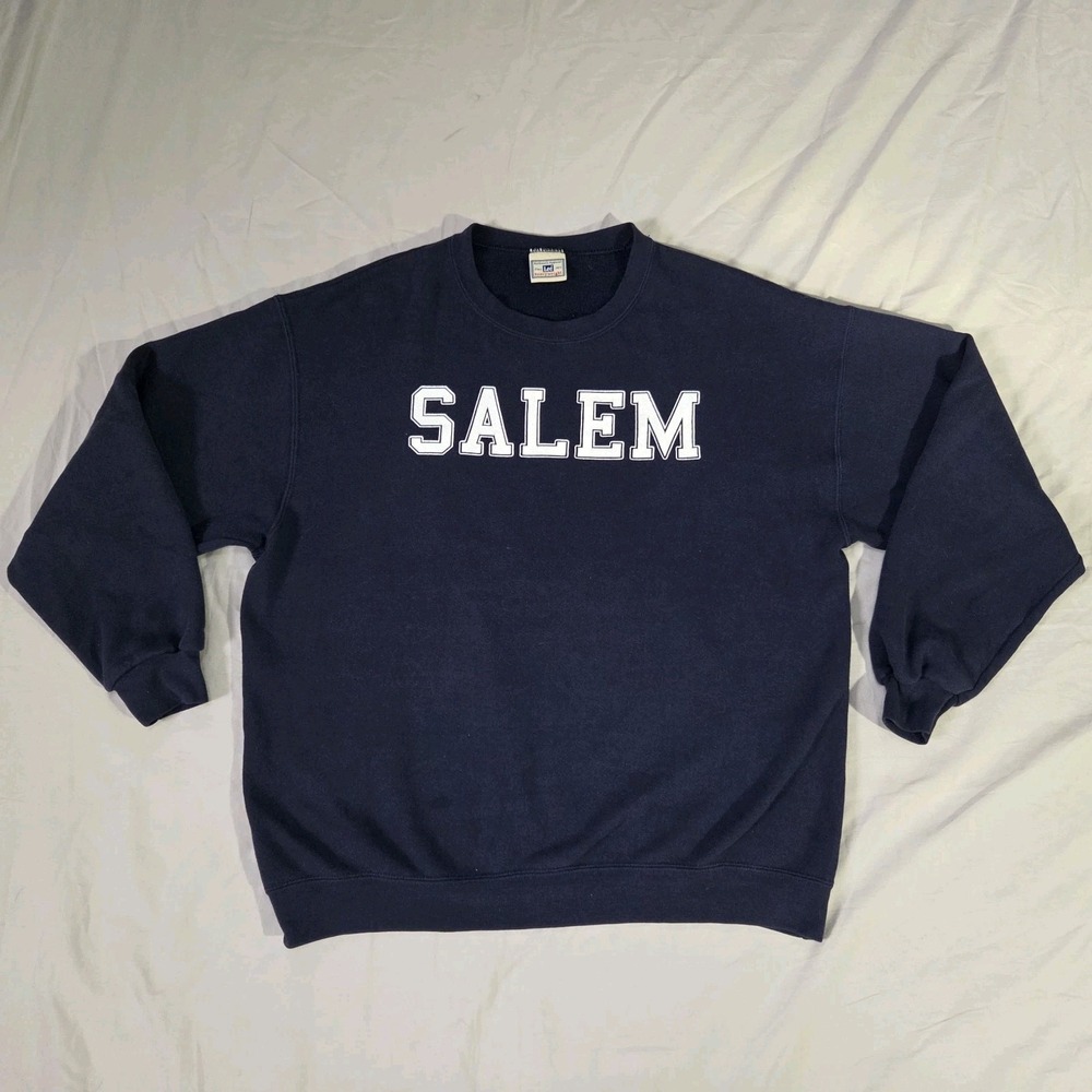 VTG Lee Heavyweight Crew Neck Pullover Sweater Sz L Salem Blue Fleece Lined Prin